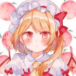  1girl :t bangs blonde_hair blush bow closed_mouth collared_shirt eyebrows_visible_through_hair flandre_scarlet food frilled_shirt_collar frills fruit hat long_hair looking_at_viewer mob_cap moko_(3886397) one_side_up peach pout puffy_short_sleeves puffy_sleeves red_bow red_eyes red_vest shirt short_sleeves solo touhou translation_request upper_body v-shaped_eyebrows vest white_background white_headwear white_shirt yellow_neckwear 