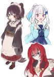  3girls :d ange_katrina animal_ears apron bangs black_jacket black_kimono blue_cardigan blue_eyes blue_hair blue_serafuku blue_shirt blue_skirt blush boots brown_footwear brown_hair cardigan clenched_hands commentary_request dog_ears dog_girl dog_hair_ornament dog_tail eyebrows_visible_through_hair frilled_apron frills hair_between_eyes hair_ornament hairclip hands_up jacket japanese_clothes kimono lize_helesta long_hair long_sleeves low_twintails multicolored_hair multiple_girls nijisanji obi open_cardigan open_clothes open_mouth pleated_skirt ponytail purple_eyes red_hair red_skirt sailor_collar sash school_uniform sebastian_piyodore serafuku shirt silver_hair simple_background skirt sleeves_past_wrists smile standing tail twintails two-tone_hair virtual_youtuber white_apron white_background white_sailor_collar white_shirt wide_sleeves yamabukiiro 