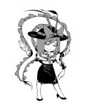 1girl bow chibi closed_eyes closed_mouth full_body greyscale hat hat_bow high_heels legs_apart long_sleeves medium_hair monochrome nagae_iku necktie outstretched_arms pencil_skirt ruukii_drift shawl simple_background skirt smile solo spread_arms standing touhou white_background 