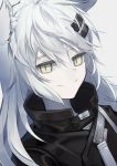  1girl animal_ear_fluff animal_ears arknights bangs black_jacket grey_background grey_eyes hair_between_eyes hair_ornament hairclip high_collar jacket lappland_(arknights) long_hair looking_at_viewer natsu_yorumei silver_hair simple_background smile solo upper_body wolf_ears 