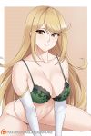  1girl all_fours aslindsamure bangs banned_artist bare_shoulders beige_background blonde_hair blush border bra breasts cleavage closed_mouth collarbone elbow_gloves gloves green_bra green_panties highres hikari_(xenoblade_2) large_breasts leaning_forward long_hair looking_at_viewer navel panties sidelocks sitting smile solo swept_bangs thighs underwear wariza white_border white_gloves xenoblade_(series) xenoblade_2 yellow_eyes 