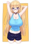  1girl armpits arms_up bangs black_shorts blonde_hair blue_shirt blunt_bangs blush breasts choker cleavage collarbone cowboy_shot groin heart heart_necklace highres holding holding_hair huge_breasts lina_(michihasu) long_hair michihasu midriff multicolored multicolored_eyes navel original semi-rimless_eyewear shirt shorts simple_background solo tank_top very_long_hair 