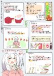  :d blush closed_eyes collared_shirt cutting_board directional_arrow food hair_ornament heart heart_in_mouth highres holding how_to lettuce medium_hair nekoume nekoume-chan_(nekoume) open_mouth original pink_sweater recipe sandwich shirt smile sweater translation_request white_hair wing_collar 