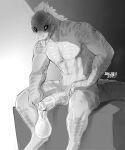  2020 abs after_masturbation animal_genitalia anthro bodily_fluids breath condom cum dinosaur erection fals feathers filled_condom genital_fluids genitals greyscale hi_res humanoid_genitalia humanoid_penis hybrid_genitalia looking_at_viewer male meljewk monochrome muscular muscular_male pecs penis reptile resting saliva scalie sexual_barrier_device simple_background sitting skully slit solo theropod tongue tongue_out tyrannosaurid tyrannosaurus tyrannosaurus_rex vein wearing_condom 