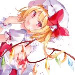  1girl :d backless_outfit bangs blonde_hair blood blush bow collared_shirt crystal dutch_angle eyebrows_visible_through_hair fang flandre_scarlet frilled_shirt_collar frills hand_up hat highres long_hair looking_at_viewer looking_back mob_cap moko_(3886397) nail_polish one_side_up open_mouth puffy_short_sleeves puffy_sleeves red_bow red_eyes red_nails red_vest shirt short_sleeves simple_background smile solo touhou vest white_background white_bow white_headwear white_shirt wings wrist_cuffs 