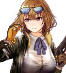  1girl blonde_hair blue-tinted_eyewear bra commentary english_commentary eyebrows_visible_through_hair eyewear_on_head fur_trim girls_frontline gloves green_jacket grizzly_mkv grizzly_mkv_(girls_frontline) gun hand_up highres holding holding_gun holding_weapon jacket long_sleeves neck_ribbon open_clothes open_jacket orange_gloves partly_fingerless_gloves purple_eyes purple_ribbon ribbon see-through shirt short_hair simple_background smile solo sunglasses testame underwear upper_body weapon white_background white_shirt 