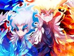  2boys angry artist_name beyblade beyblade:_burst blue_fire blue_hair chankyone character_name eyeshadow fiery_hair fire formal makeup md5_mismatch multiple_boys powering_up purple_eyes red_hair scarf shirosagi_lui suit wide-eyed 