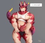  2020 absurd_res anthro black_clothing black_underwear blush bodily_fluids claws clothed clothing cthugha_(tas) dialogue dragon english_text genital_fluids genitals grey_background hi_res makowolf1 male nipples partially_clothed pecs penis precum presenting presenting_penis purple_eyes red_body scalie shirt simple_background solo speech_bubble text tokyo_afterschool_summoners topwear underwear video_games white_clothing white_shirt white_topwear 