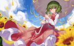  1girl aiza-ku blue_sky blurry_foreground breasts cloud commentary dress green_hair highres holding holding_umbrella kazami_yuuka leaf long_sleeves looking_at_viewer parasol red_dress red_eyes red_vest shirt short_hair sky smile solo touhou umbrella vest white_shirt 