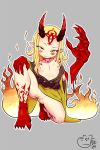  2020 5_fingers anime berserker_ibaraki-douji biped blonde_hair blood bodily_fluids bottomless breasts butt claws cleavage clothed clothing cute_fangs demon demon_humanoid eyebrows fate_(series) female fingers fire flaming_hair genitals grey_background hair hi_res horn horned_humanoid humanoid humanoid_pointy_ears looking_at_viewer multicolored_body nipples not_furry pale_skin pillarbox poethewondercat pseudo_hair pussy raised_eyebrow red_body red_skin signature simple_background small_breasts solo translucent translucent_hair yellow_eyes 