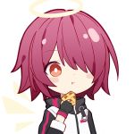  1girl apple_pie arknights eating exusiai_(arknights) fingerless_gloves gloves hair_over_one_eye halo jacket kurisu_tina lowres orange_eyes red_hair solo wings 