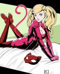  1girl ass bed_sheet blonde_hair blue_eyes bodysuit boots breasts cat_tail catsuit cleavage cleavage_cutout fake_tail full-length_zipper gloves highres looking_at_viewer lying mask on_bed on_stomach persona persona_5 pink_gloves red_legwear signature solo tail takamaki_anne twintails zipper 
