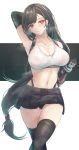  1girl absurdres bangs bare_shoulders black_gloves black_hair black_legwear black_skirt blush breasts cleavage collarbone earrings elbow_gloves final_fantasy final_fantasy_vii final_fantasy_vii_remake fingerless_gloves gloves highres jewelry large_breasts long_hair looking_at_viewer low-tied_long_hair midriff navel red_eyes shirt skirt smile solo suspender_skirt suspenders tank_top taut_clothes taut_shirt thighhighs tifa_lockhart white_tank_top yusha_(m-gata) 