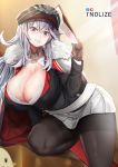  1girl azur_lane bangs black_headwear black_legwear black_shirt blush bra breasts cape cleavage clipboard fur-trimmed_cape fur_trim graf_zeppelin_(azur_lane) grey_hair grey_skirt grin hat highres huge_breasts light_rays long_hair long_sleeves looking_at_viewer manjuu_(azur_lane) pantyhose partially_unbuttoned peaked_cap red_eyes shirt skirt smile thick_thighs thighband_pantyhose thighs tnolize underwear very_long_hair white_bra 