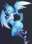 anthro avian bird blue_body blue_feathers bottomless breasts bunnywhiskerz butt clothed clothing feathers female hi_res looking_at_viewer one_eye_closed small_breasts solo talons tweetfur twitter wink 