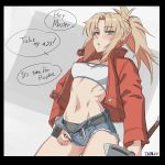  1girl bangs black_panties blonde_hair clarent covered_nipples cutoffs denim denim_shorts edited english_text fate/apocrypha fate_(series) green_eyes highres holding holding_sword holding_weapon jacket mikoyan mordred_(fate) mordred_(fate)_(all) navel open_clothes open_fly open_shorts panties ponytail shorts solo stomach sword third-party_edit underwear weapon zipper 