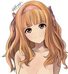  1girl alternate_hairstyle artist_name bangs bare_shoulders blunt_bangs breasts cleavage closed_mouth commentary eyebrows_visible_through_hair girls_und_panzer hair_ribbon head_tilt highres kakimoto_nao long_hair looking_at_viewer medium_breasts orange_eyes orange_hair pink_ribbon ribbon signature simple_background smile solo takebe_saori two_side_up upper_body white_background 