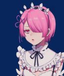  1girl blue_background breasts commentary_request eyebrows_behind_hair hair_ornament hair_over_one_eye hair_ribbon highres maid maid_headdress noriuma parted_lips pink_hair purple_ribbon ram_(re:zero) re:zero_kara_hajimeru_isekai_seikatsu red_eyes ribbon ribbon_trim short_hair small_breasts solo unamused upper_body x_hair_ornament 