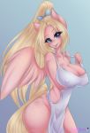  anthro apron apron_only big_breasts blonde_hair breasts bunnywhiskerz cleavage clothed clothing equid equine female hair hi_res mammal mostly_nude my_little_pony nipple_outline pink_body pterippus solo wide_hips wings 