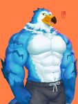  animal_crossing anthro avian beak biceps black_bottomwear black_clothing black_pants blue_body bottomwear clothed clothing fist hi_res ixkouu looking_at_viewer male multicolored_body muscular muscular_male navel nintendo open_mouth orange_background pants pecs pierce_(animal_crossing) portrait simple_background solo three-quarter_portrait topless video_games white_body 