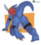  2020 anthro anus backsack balls butt claws digimon digimon_(species) flamedramon genitals hi_res looking_at_viewer looking_back male negger penis red_eyes simple_background solo text uncut url 