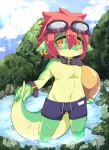  2019 clothed clothing collar coouds eyewear fermata_alt goggles lizard outside piercing reptile scalie sky topless tree water 
