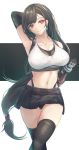  1girl absurdres bangs bare_shoulders black_gloves black_hair black_legwear black_skirt blush breasts cleavage collarbone earrings elbow_gloves final_fantasy final_fantasy_vii final_fantasy_vii_remake fingerless_gloves gloves highres jewelry large_breasts long_hair looking_at_viewer low-tied_long_hair midriff navel red_eyes shirt skirt smile solo suspender_skirt suspenders tank_top taut_clothes taut_shirt thighhighs tifa_lockhart white_tank_top yusha_(m-gata) 