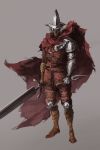  1boy abyss_watcher armor boots brown_footwear brown_pants cape dark_souls_iii dual_wielding facing_viewer full_body gauntlets grey_background helmet highres holding male_focus pants red_cape reverse_grip ruukii_drift shoulder_armor simple_background solo souls_(from_software) spaulders standing 