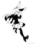  1girl animal_ears bunny_ears closed_mouth from_behind full_body greyscale hand_up high_heels highres jacket long_hair long_sleeves looking_at_viewer looking_back monochrome pleated_skirt reisen_udongein_inaba ruukii_drift simple_background skirt solo thighhighs touhou white_background 
