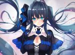  1girl antenna_hair black_bow black_capelet black_dress blue_eyes blue_hair blue_neckwear blush bow bowtie breasts capelet cleavage cleavage_cutout closed_mouth copyright_request cross-laced_top dress eyebrows_visible_through_hair floating_hair glint gloves hair_bow heart heart_hands large_breasts long_hair long_sleeves looking_at_viewer mole mole_on_breast petals smile solo sparkle symbol_commentary twintails untsue upper_body very_long_hair white_gloves 