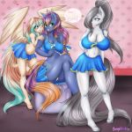  &lt;3 anthro big_breasts bottomwear breast_size_difference breasts bunnywhiskerz cheerleader cleavage clothed clothing crossed_legs equid equine female group hand_on_hip horn huge_breasts mammal my_little_pony panties pterippus sitting skirt underwear unicorn wings 