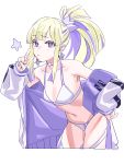  1girl bangs blonde_hair blunt_bangs borrowed_character breasts choker cleavage commentary_request earrings eyebrows_visible_through_hair eyeliner hand_on_hip highres jacket jewelry looking_at_viewer makeup michihasu navel original ponytail purple_eyes purple_hair purple_nails simple_background solo thighhighs v white_background 