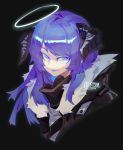  black_background clothed clothing digital_media_(artwork) female hair halo horn humanoid moonagvaze open_mouth pale_skin purple_eyes purple_hair simple_background solo teeth tongue 