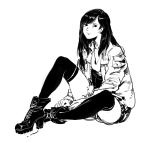  1girl ankle_boots bags_under_eyes boots closed_mouth copyright_request greyscale high_heel_boots high_heels jacket jitome long_hair long_sleeves looking_at_viewer monochrome open_clothes open_jacket ruukii_drift simple_background sitting solo thighhighs white_background 
