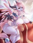  anthro areola big_breasts breasts bunnywhiskerz dragon eyeshadow female hair hi_res huge_breasts makeup nipples open_mouth pink_hair purple_body sleigh solo wide_hips 