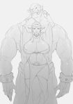  1boy 1girl breasts cleavage earrings elf greyscale highres jewelry large_breasts lip_piercing long_hair monochrome monster muscle navel necklace nipples orc original pelvic_curtain piercing pointy_ears potionaholic pubic_tattoo sketch smile tall tattoo tiara tusks veins 