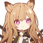  1girl animal_ears arknights blush breasts brown_hair ceobe_(arknights) choker eating eyebrows_visible_through_hair food fox_ears hand_up holding holding_food kurisu_tina long_hair lowres pink_eyes small_breasts smile solo upper_body 