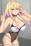  1girl aslindsamure azur_lane bangs banned_artist bare_shoulders black_swimsuit blonde_hair blush breasts choker cleavage collarbone covered_navel double_v grin hands_up highres large_breasts looking_at_viewer marblehead_(azur_lane) multicolored_hair one-piece_swimsuit purple_hair short_hair short_hair_with_long_locks sidelocks smile solo swimsuit thighs two-tone_hair two-tone_swimsuit v white_swimsuit 
