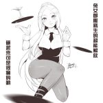  1girl blush breasts bunnysuit character_request chinese_text cleavage ejami greyscale groin league_of_legends long_hair looking_at_viewer monochrome simple_background smile solo translation_request white_background 