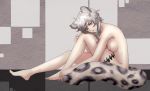  1girl animal_ears arknights bare_legs barefoot breasts cliffheart_(arknights) closed_mouth commentary english_commentary from_side hair_between_eyes knee_to_chest large_tail leaning_forward leopard_ears leopard_tail lim_aya_w lips looking_at_viewer medium_breasts medium_hair nipples nude patterned_background profile silver_eyes silver_hair sitting smile snow_leopard_ears snow_leopard_tail solo tail thigh_strap 