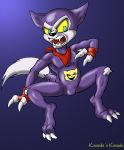  black-rat black_nose bulge claws digimon digimon_(species) fangs fur genital_outline green_eyes imp impmon open_mouth purple_background purple_body simple_background sitting teeth toe_claws transformation were white_body white_fur yellow_sclera 