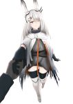  1girl 1other absurdres ambiguous_gender animal_ears arknights bunny_ears calvaires disembodied_hands facial_scar frostnova_(arknights) gloves highres holding_hands long_hair nose_scar outstretched_hand scar silver_eyes white_hair 
