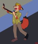 absurd_res anthro blonde_hair bow_tie brown_eyes canid canine claws disney fangs fox fur grabbing green_eyes grey_background hair hi_res human male mammal maximirusupauaa nick_wilde open_mouth orange_body orange_fur signature simple_background solo standing tf_into_fictional_character transformation zootopia 