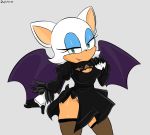  anthro breasts chiropteran cleavage clothed clothing cosplay crossover crossover_cosplay dress dupli female gloves handwear hi_res humanoid legwear looking_at_viewer makeup mammal nier_automata rouge_the_bat simple_background solo sonic_the_hedgehog_(series) standing stockings wings yorha_2b 