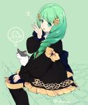  1girl bow cat fire_emblem fire_emblem:_three_houses flayn_(fire_emblem) garreg_mach_monastery_uniform green_background green_eyes green_hair guttary hair_ornament long_hair long_sleeves open_mouth simple_background sitting solo uniform 