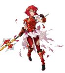  1girl armor armored_boots bangs boots fire_emblem fire_emblem:_mystery_of_the_emblem fire_emblem_heroes full_body highres holding holding_weapon indesign minerva_(fire_emblem) official_art polearm red_footwear red_hair short_hair skirt spear transparent_background weapon younger 