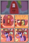  absurd_res applejack_(mlp) blonde_hair book clothing comic dialogue door english_text equid female feral friendship_is_magic gutovi-kun hair hat headgear headwear hi_res magic mammal my_little_pony orange_body paper purple_body text twilight_sparkle_(mlp) 