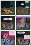  absurd_res applejack_(mlp) blonde_hair clothing comic curtains dialogue english_text equid female feral fluttershy_(mlp) friendship_is_magic group gutovi-kun hair hat headgear headwear hi_res mammal my_little_pony orange_body pinkie_pie_(mlp) rainbow_dash_(mlp) rarity_(mlp) text twilight_sparkle_(mlp) window 