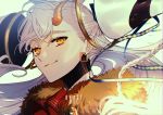  1girl albino_(a1b1n0623) blonde_hair braid earrings face fate/grand_order fate_(series) floating floating_object fur_collar hair_ornament hair_ribbon highres horn jewelry long_braid long_hair looking_at_viewer olga_marie_animusphere ribbon smile white_hair yellow_eyes 