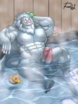  2017 3:4 5_fingers 5_toes abs anthro balls bathing biceps big_muscles blush detailed_background eyes_closed eyewear facial_hair felid fingers fur gandharva genitals hair hi_res hot_spring huge_muscles humanoid_genitalia humanoid_hands humanoid_penis lion male mammal mane mane_hair monocle muscular muscular_legs muscular_male muscular_thighs nipples pantherine pawpads pecs penis reclamon rubber_duck signature snow_(tas) toes tokyo_afterschool_summoners tongue tongue_out towel video_games water white_body white_fur white_hair 